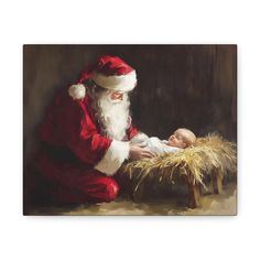 a painting of santa claus holding a baby in his lap and looking down at him