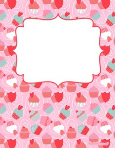 a pink background with cupcakes and hearts in the shape of a square frame