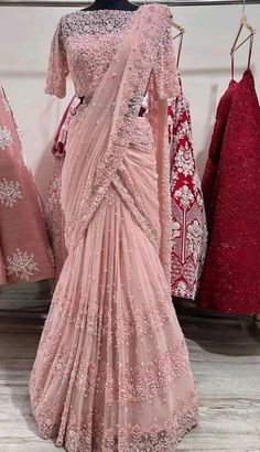 beautiful saree in lehenga style Wedding Fancy Sarees, Fancy Sari For Wedding, Lehanga Saree Designs Latest, Latest Fancy Sarees Weddings, Prom Saree, Engagement Looks For Indian Bride In Saree, Saree In Lehenga Style, Fancy Sarees Wedding Reception, Saree For Wedding Reception