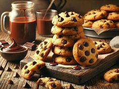 chocolate chip cookies stacked on top of each other next to a bowl of hot chocolate chips