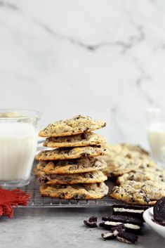 chocolate chip cookies and milk on a cooling rack