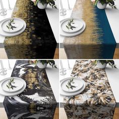 four different tables with plates and vases on them, all decorated in gold and black