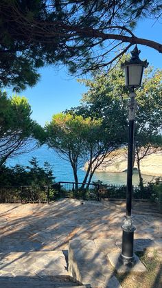 a lamp post sitting on the side of a road next to trees and water in the background