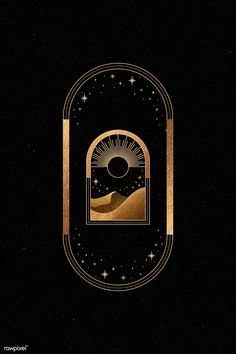 a black and gold background with an arch in the middle that has a sun on it