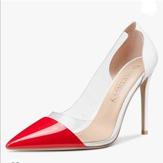 Nwt Dearonly Women's High Heel Transparent Clear Pumps Slip On Pointy Toe Stilettos 4” Heel Height Imported White Heels With Translucent Outsole For Spring, White Heels With Red Sole For Spring, White Pointed Toe Heels With Red Sole, Clear Pumps, Heels Pumps, Womens High Heels, Shoes Women Heels, High Heel, Red White