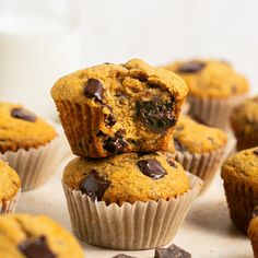 chocolate chip muffins stacked on top of each other