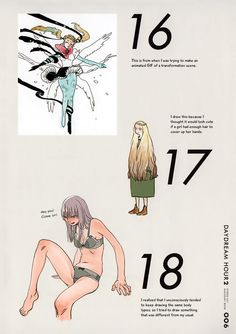 an illustrated book with pictures of women in bikinis and numbers on the pages, including two