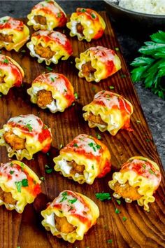 some food is sitting on a wooden cutting board and ready to be eaten by someone