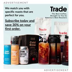 an ad for trade with different types of beverages