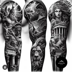 tattoos on the arms and legs of men with different images of people, animals, and symbols