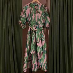 A-92135b Material Not Listed On Item My Guess Its Polyester And Nylon Pink Silk A-line Midi Dress, Pink Short Sleeve Silk Dress, Pink Silk Short Sleeve Dress, Pink And Green Dress, Green Dress, Pink And Green, Light Pink, Colorful Dresses, Womens Dresses