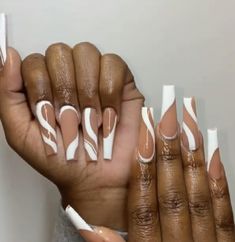 Brown White Acrylic Nails, Brown And White Swirl Nails, Long Brown And White Acrylic Nails, Neutral Brown Nails Acrylic Coffin Long, Brown And White Nails, Miami Nails, Brown Nail, Latest Nail Designs