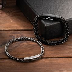 W H Y ∙ Y O U  ∙ C H O O S E ∙ I T * High quality materials and attention to detail * It's unique and can be worn every day * A special gift for you and your loved ones Style: Custom Engraving Men's Chain Bracelet Platinum Color & Black Gold Color Style Band Width: 6MM(0.24INCH), Ancient Silver Color Band Width: 4MM(0.16INCH) Material: Titanium Steel Stylish Men's Bracelet - This Stainless Steel Engraved Men's Chain Bracelet is simple and elegant, suitable for daily wear and outdoor activities, such as travelling, party and formal occasions. Customization - You can customize the inner bracelet with a unique message or name to create a one-of-a-kind men's bracelet for the special man in your life. Well Made - Made of high quality stainless steel, the bracelet is smooth, colorfast, skin frie Black Engraved Chain Bracelet As Gift, Engraved Black Chain Bracelet As A Gift, Stainless Steel Braided Bracelet As Gift, Black Stainless Steel Friendship Bracelets, Stainless Steel Braided Bracelets With Clasp As Gift, Customized Black Stainless Steel Bracelet, Personalized Black Rectangular Bracelets, Mens Personalized Bracelet, Adjustable Stainless Steel Name Bracelet For Father's Day