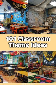 the classroom is decorated with pirate themed decor and tables, chairs, and decorations for children's birthdays