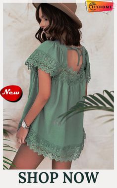 Green Lace Pom Pom Splicing Square Neck Blouse Square Neck Blouse, Drawstring Neckline, Shorts For Summer, Babydoll Blouse, Mock Neck Blouse, Lace Neckline, Flutter Sleeve Top, Babydoll Top, Green Lace