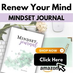 a desk with a keyboard, mouse and notebook on it next to the words'renew your mind mindset journal shop now