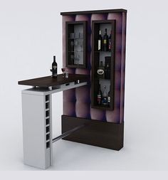 a small bar with wine glasses and bottles on the shelves, next to a stool