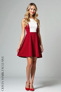 Olivia Mark - Elegant Contrast: Red and Cream Skater Dress Draped Fabric, Cream Dress, Flared Skirt, Fitted Bodice, Olivia Mark, Luxury Fabrics, Knee Length Dress, Flare Skirt, Square Neckline