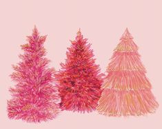 three different types of trees are shown in this drawing, one is pink and the other is red