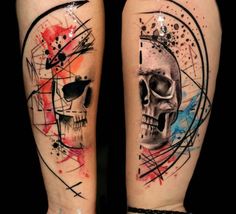 two tattoos on the legs of people with colorful ink splatters and a skull