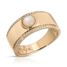 The Fortuna ring is the perfect statement piece with a thick cigar band and large genuine stones. 14k gold plated over brass with genuine pearl and cz accents. Available in sizes 6, 7, 8 Ring Pearl, Pearl Rings, Contemporary Ring, Pendant Set, Pearl Ring, Gold Style, Womens Jewelry Rings, Adjustable Rings, Statement Ring