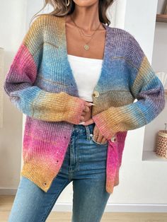 Blended Women's V-Neck Long Sleeve Cardigan Sweater Multicolor Casual  Long Sleeve Fabric Ombre,All Over Print  Slight Stretch  Women Clothing, size features are:Bust: ,Length: ,Sleeve Length: Crochet Long Cardigan, Colorful Cardigan, Drop Shoulder Cardigan, Áo Len Cardigan, Cardigan Casual, Colored Cardigans, Color Block Cardigan, Plus Size Cardigans, Cardigan Long