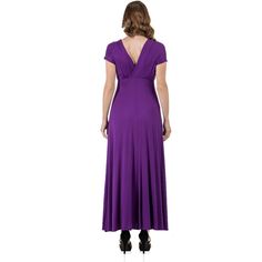 A formal look has never been so comfortable. With its regal full-length skirt this womens maxi dress makes for an elegant formal or casual look. Featuring a v-neck line and v cut on the back, cap sleeves, flared a line skirt, defined empire waist, and is made from a soft and comfortable stretch material in four beautiful year round colors and it is machine washable for easy care. The perfect dress to keep in your closet for any special occasions or just an eye-catching date night look. Made in t Elegant Purple A-line Maxi Dress, Solid A-line Maxi Dress For Evening, Formal Spring Floor-length V-neck Dress, Formal Floor-length V-neck Dress For Spring, Elegant Solid Color Empire Waist Maxi Dress, Elegant Solid Empire Waist Maxi Dress, Solid Color A-line V-neck Dress For Evening, Elegant Purple Maxi Dress For Prom, Elegant Fitted V-neck Dress With Empire Waist