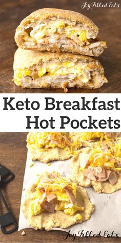 keto breakfast hot pockets with ham and cheese on them are ready to be eaten