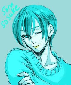 a drawing of a guy with blue hair and green eyes, holding his arms around his chest