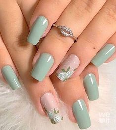 (paid link) Colorful patterns and unique designs, it's correspondingly fun getting a manicure that suits the season or your own personality; making it one that's a bit ... Mint Green Nails, Mint Nails, Green Acrylic Nails, Green Nail Art, Solid Color Nails, Green Nail Designs, Cute Spring Nails, Spring Nail Art