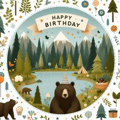 a birthday card with a bear and forest scene