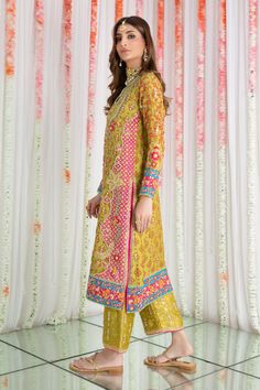 Dazzling display of vibrant hues and intricate craftmanship, this ensemble features meticulous hand block printed details, enhanced with zardozi, applique work & metallic gota work making it a perfect choice for joyous occasions.This ensemble is paired with a hand embroidered jamawar izaar & a stunning applique work dupatta making it a stand out piece. Shirt Fabric: Pure Silk NetShirt Length: 45” (slightly customisable, mention in order notes)Izaar Fabric: Pure JamawarDupatta Fabric: Pure Organz Designer Outfit, Applique Work, Gota Work, Pakistani Designers, Shirt Fabric, Clothing Labels, Pure Silk, Winter Wedding, Summer Wedding