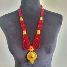 Brand New. 22k Goldplated Faux Pearl Statement Long Necklace. Bollywood Indian Pakistani Necklace. Traditional Red Gold-plated Necklace, Red Jewelry With Gold Beads For Puja, Elegant Red Necklace For Puja, Elegant Red Bridal Necklace For Puja, Pakistani Necklace, Red Crystal Necklace, Crystals Necklace, Red Crystals, Gold Jewellery