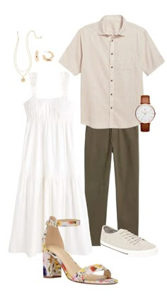 Matching Honeymoon Outfits, Couples Church Outfits, Couple Color Coordination Outfit Ideas, Couple Church Outfits, Couple Matching Outfits Summer, Matching Beach Outfits Couples, Husband And Wife Matching Outfits, Couple Outfit Ideas Casual, His And Her Outfits