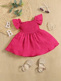 Hot Pink  Collar Short Sleeve Woven Fabric Plain A Line Embellished Medium Stretch  Baby Girls Clothing Pink Manga, Sleevless Dress, Smocked Baby Dresses, Hot Pink Shorts, Kids Fashion Dress, Baby Dresses, Pink Collar, Ruffled Collar, Pink Collars