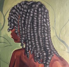 a painting of a woman's back with long, curly hair on her head