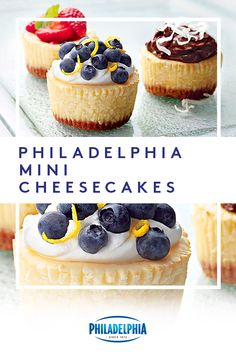 three pictures of mini cheesecakes with blueberries and raspberries on top