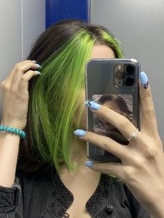 Dip Dyed Brown Hair, Black Hair Green Money Piece, Brown And Neon Green Hair, Green Hair Underneath, Dye Hair Brown, Dip Dye Hair Brown, Different Hair Cut, Weird Haircuts, Neon Green Hair