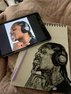 a drawing of a person with headphones on and an electronic device next to it