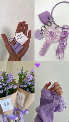 four different pictures with flowers and purple items in the middle one has a keychain on it