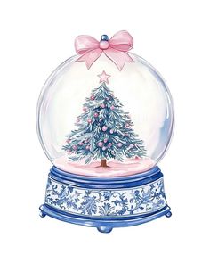 a snow globe with a christmas tree in it and a pink bow on the top