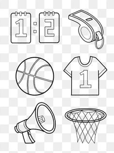 different sports items and numbers on a white background, including basketball hoop, basketball ball, jersey