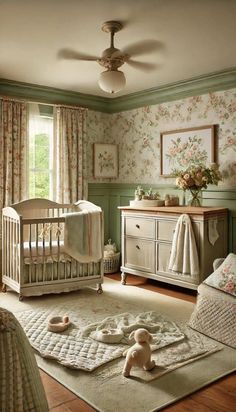 Round Room Ideas, Vintage Green Nursery, Vintage Baby Nursery Girl, Cottage Baby Nursery, Cottagecore Nursery Ideas, Country Girl Nursery, Green Girl Nursery, Twin Nursery Ideas