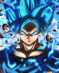 the blue gohan is standing in front of some rocks and water with his eyes closed