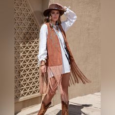 Cute Bohemian Style Vest, Perfect For Festivals Allow 5-7 Days Shipping Ig Store @Primafashiomstory Sheer: Opaque Stretch: No Stretch Material Composition: 100% Polyester Care Instructions: Machine Wash Cold. Tumble Dry Low. Imported Product Measurements: S: Front Length 25.4 In, Shoulder 13.8 In, Bust 9.8 In M: Front Length 26.1 In, Shoulder 14.2 In, Bust 10.1 In L: Front Length 26.9 In, Shoulder 14.8 In, Bust 10.7 In Xl: Front Length 27.7 In, Shoulder 15.4 In, Bust 11.3 In Dressy Country Outfits Women, Fringe Vest Outfit, Country Boho Outfit, Ranchero Outfits Women, Western Party Outfit, Fancy Western Outfits, Cowboy Outfits For Women, Vestidos Country, Cowboy Outfit