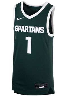 Get your little Spartans fan ready for the Michigan State Spartans game in this Green Youth Basketball Jersey. They'll be ready to hit the stands in this MSU Basketball Jersey, which features a screen print of "Michigan State" over number on front chest with number on back. Green Cotton Sports Jersey, Collegiate Cotton Jersey For Fan Gear, Collegiate Cotton Jersey For Fans, Team-colored Cotton Jersey For Fan Gear, Green Cotton Sporty Jersey, Cotton Jersey With Team Logo, Team-colored Cotton Sports Jersey, Team-colored Cotton Jersey For Sports, Cotton Fan Apparel Jersey For Sports Events