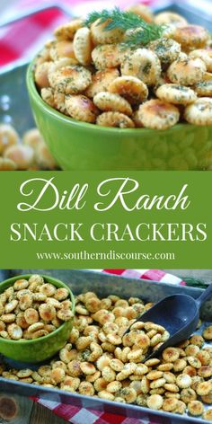 dill ranch snack crackers in a green bowl on a red and white checkered tablecloth