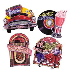 four stickers depicting various items from the 1950's and 1960s's, including an old - fashioned car