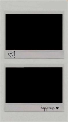 two black and white polaroid frames with hearts drawn on the edges, one has a heart