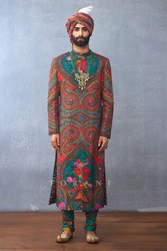 Multicolor full sleeve sherwani with paisley, clover, rose, heart print all over. Paired with solid kurta and printed churidar. - Aza Fashions Designer Long Sleeve Kurta For Festivals, Designer Long Sleeve Sherwani For Festivals, Designer Long Sleeve Kurta With Dupatta, Designer Green Long Sleeve Traditional Wear, Designer Multicolor Sherwani For Festive Occasions, Multicolor Long Sleeve Bandhgala For Festive Occasions, Designer Long Sleeve Sherwani With Dupatta, Multicolor Long Sleeve Bandhgala For Diwali, Designer Multicolor Traditional Wear For Eid